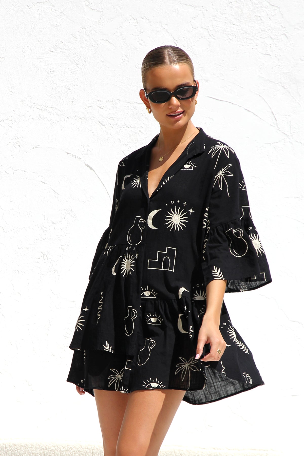 Beiges Gemustertes Oversize-Hängerkleid
