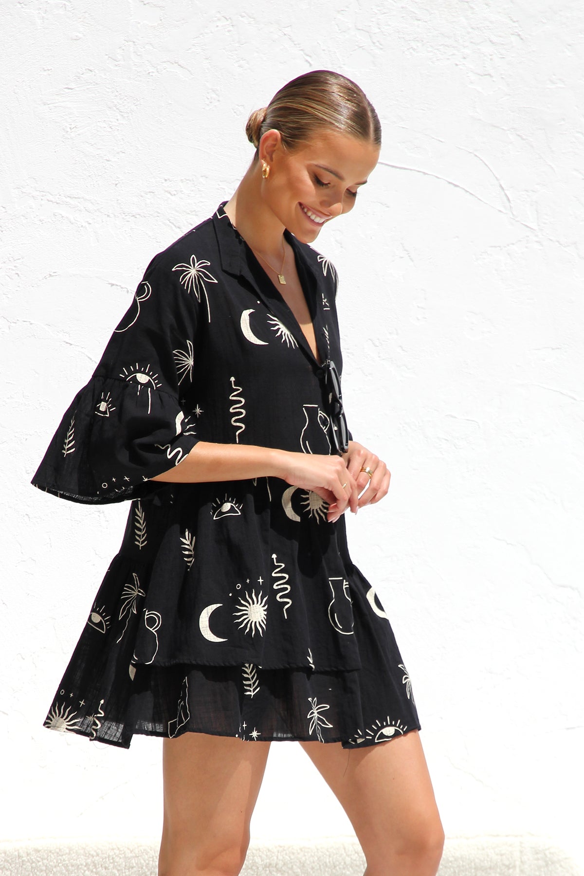 Beiges Gemustertes Oversize-Hängerkleid