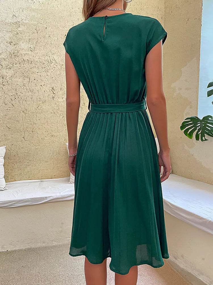 Kurzärmliges, Plissiertes, Lässiges Midikleid