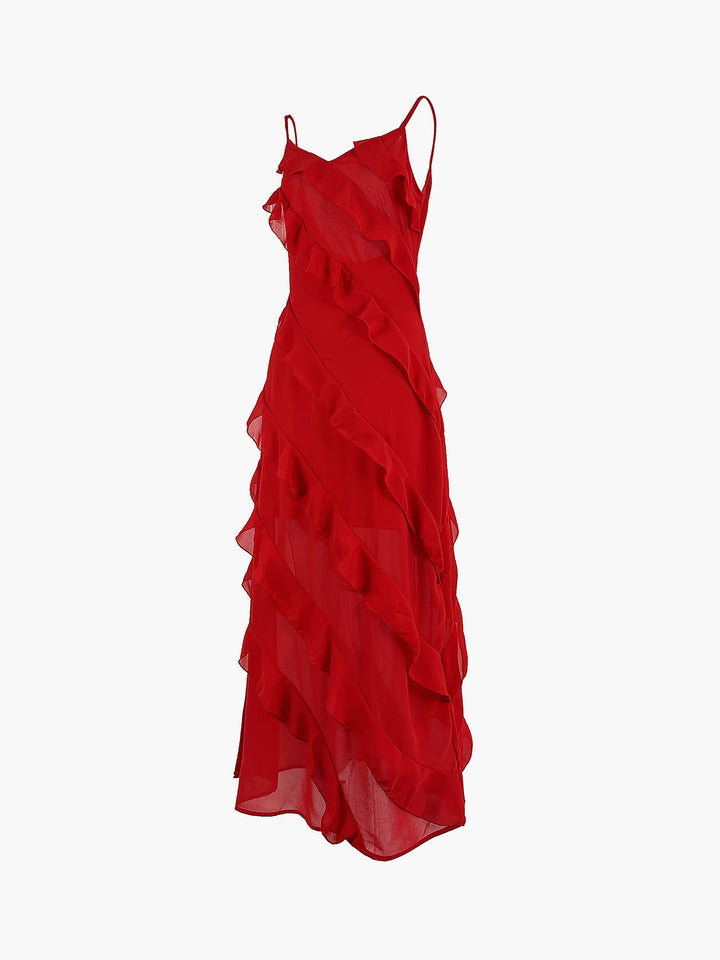 Gefüttertes Chiffonkleid Mit Seilträgern Und Rüschendetail