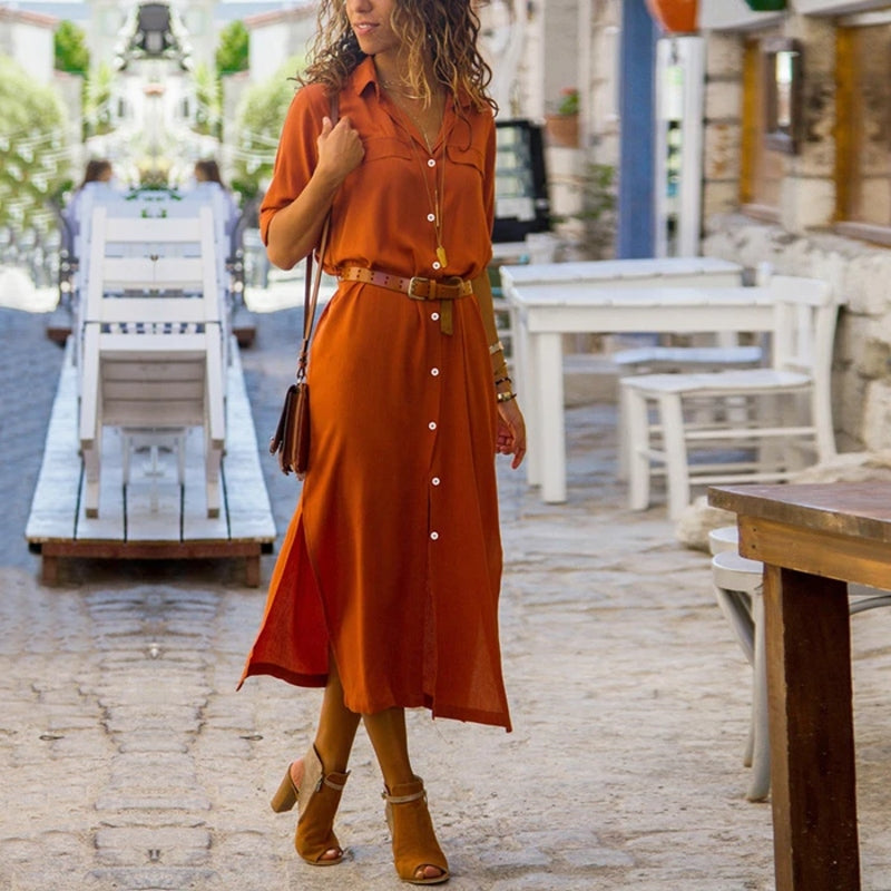 Bohemian Midikleid Mit Klassischem Kragen Und Gürtel
