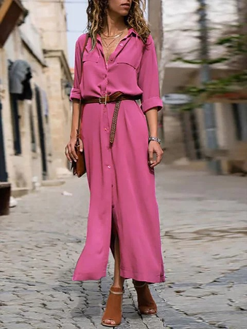 Bohemian Midikleid Mit Klassischem Kragen Und Gürtel