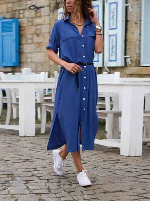 Bohemian Midikleid Mit Klassischem Kragen Und Gürtel