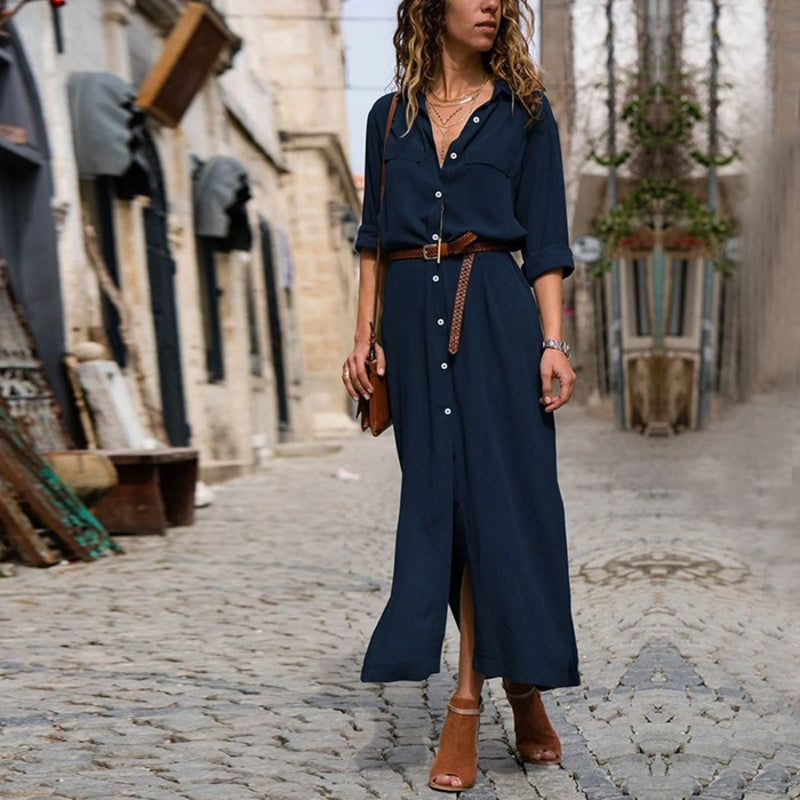 Bohemian Midikleid Mit Klassischem Kragen Und Gürtel