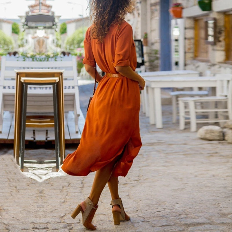 Bohemian Midikleid Mit Klassischem Kragen Und Gürtel