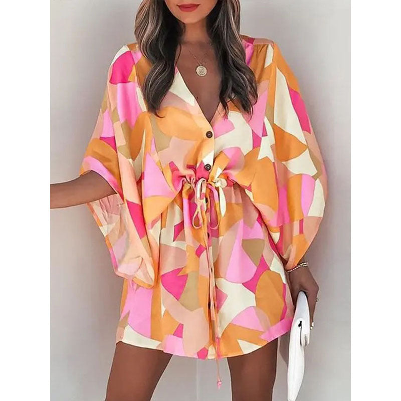 A-Linien-Kleid Mit Blumenmuster Und Schnürung An Der Taille