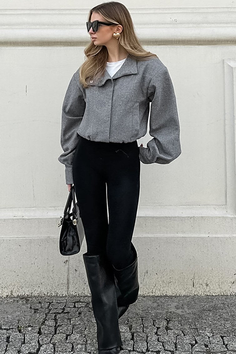 Elegante Kurze Graue Stehkragenjacke