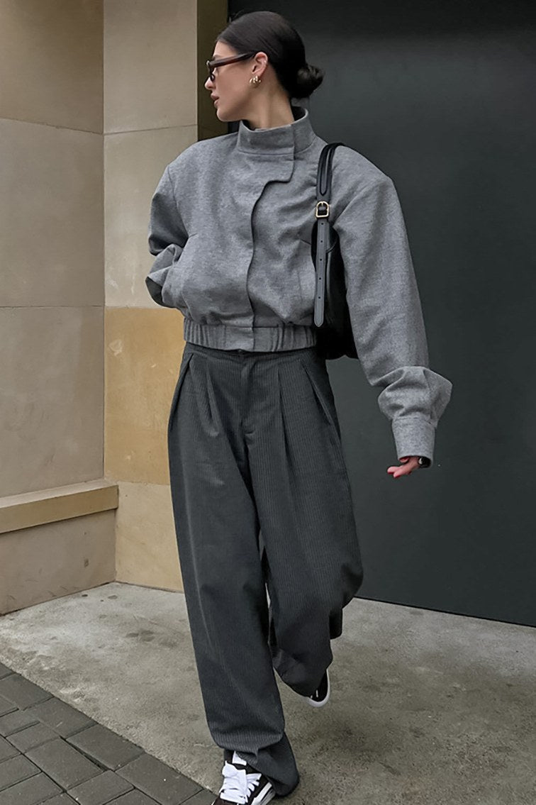 Elegante Kurze Graue Stehkragenjacke
