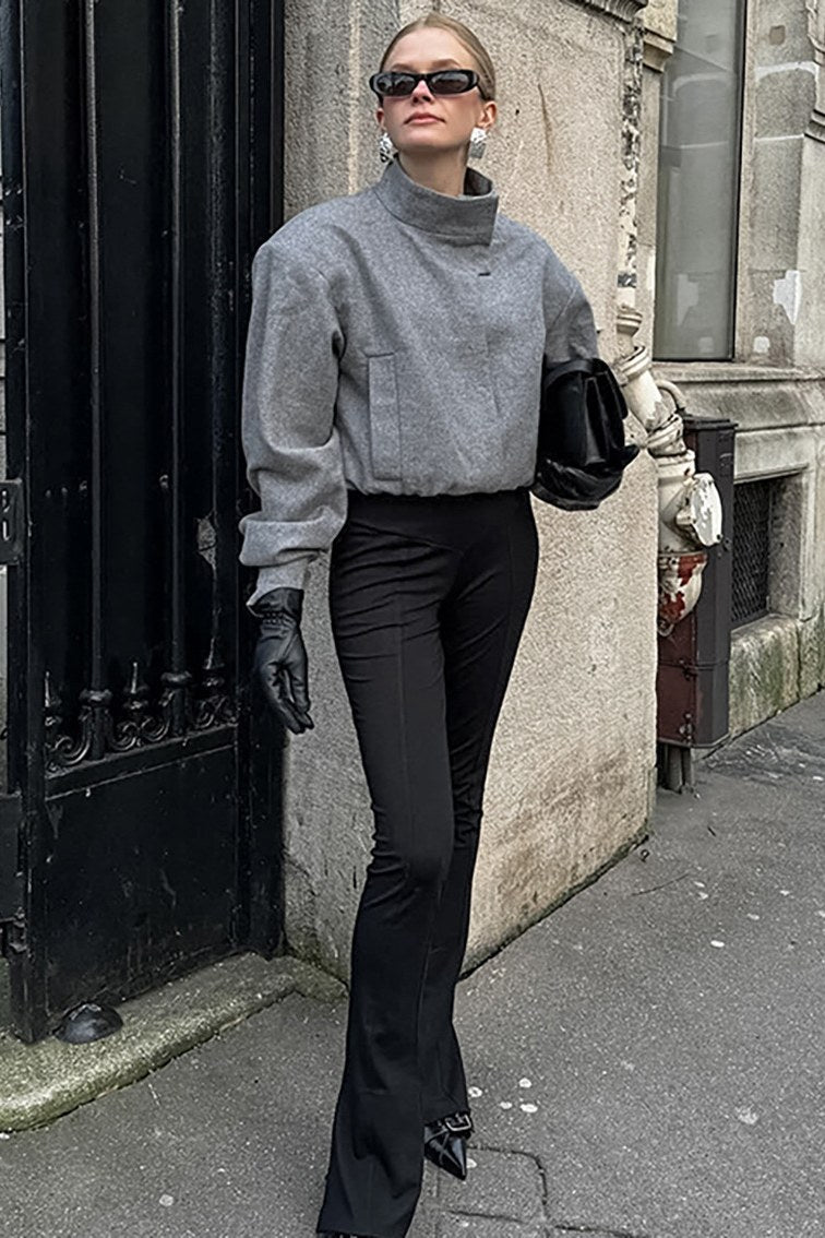 Elegante Kurze Graue Stehkragenjacke