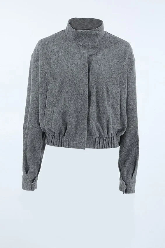 Elegante Kurze Graue Stehkragenjacke