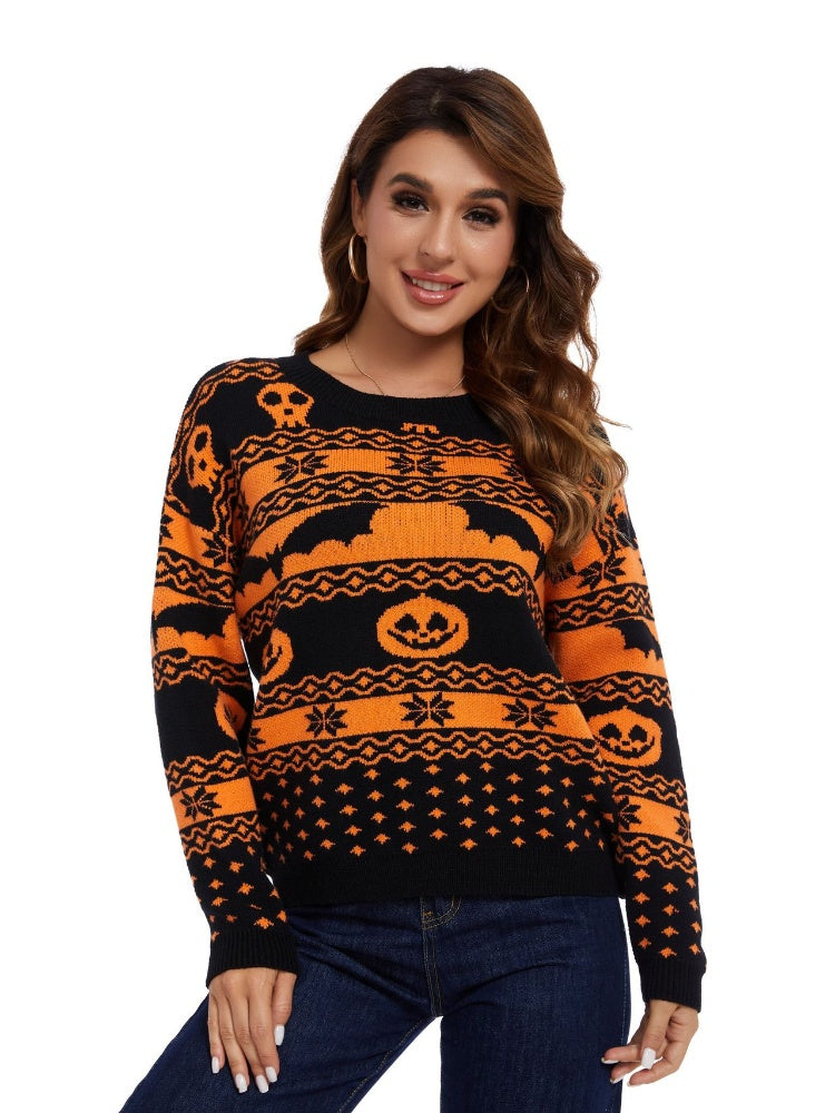 Rundhals-Strickpullover Mit Halloween-Kürbismuster