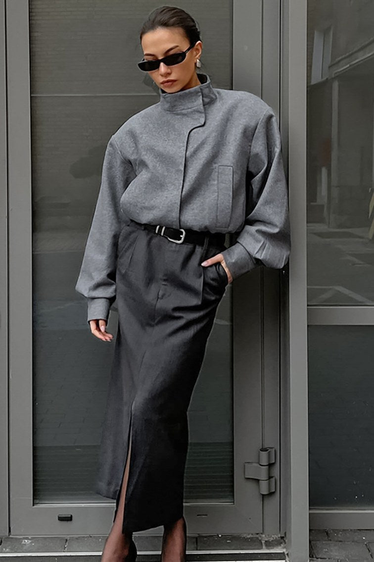 Elegante Kurze Graue Stehkragenjacke