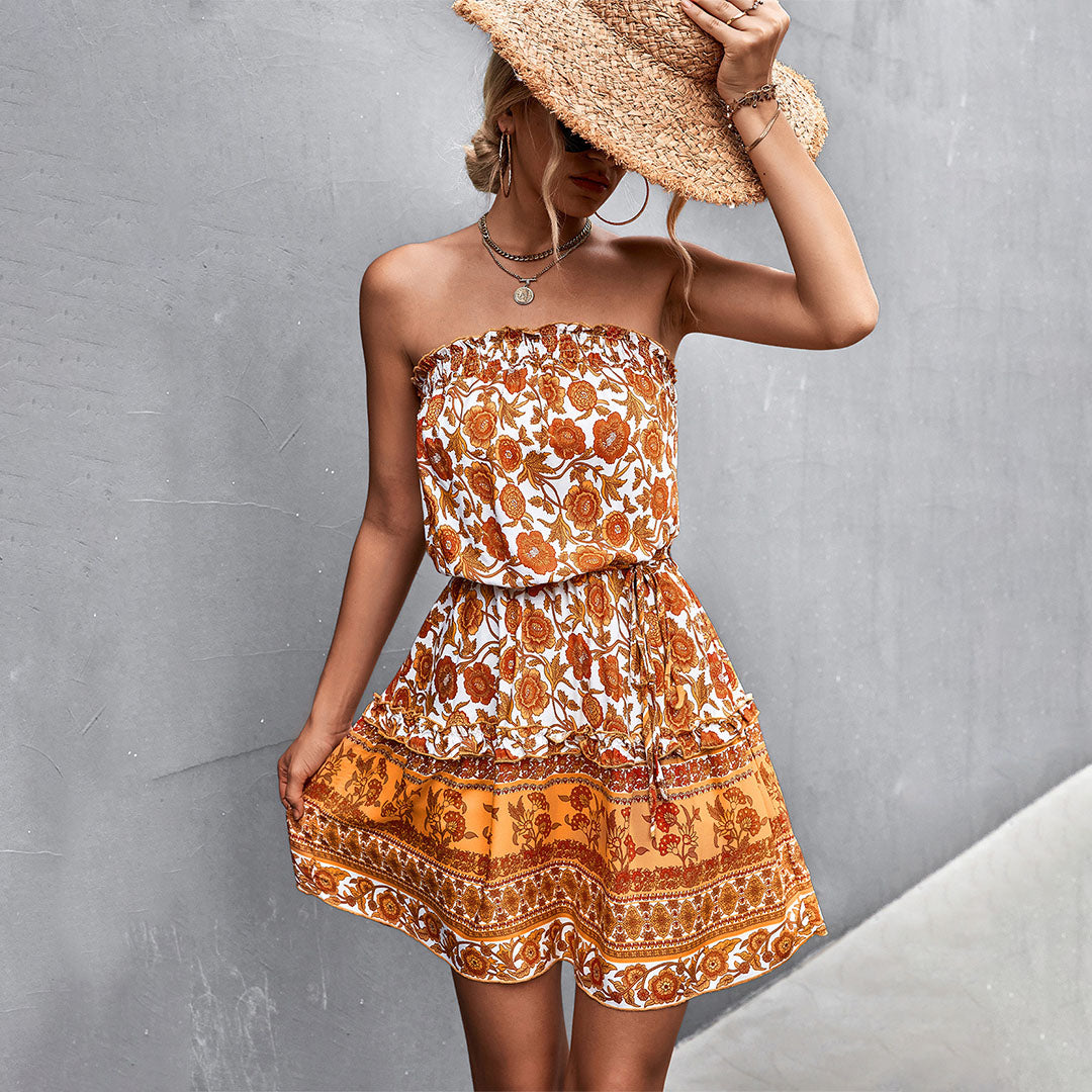 Elegantes Gemustertes Schulterfreies Minikleid