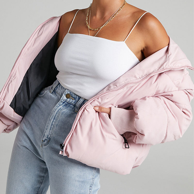 Pufferjacke Mit Stehkragen Und Langen Ärmeln İn Übergröße Mit Seitlichen Reißverschlusstaschen - Rosa