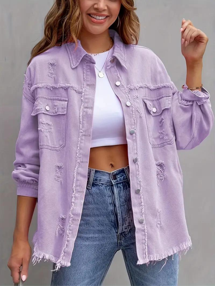 Jeansjacke Für Damen İn Großen Größen Mit Zerrissenen Details