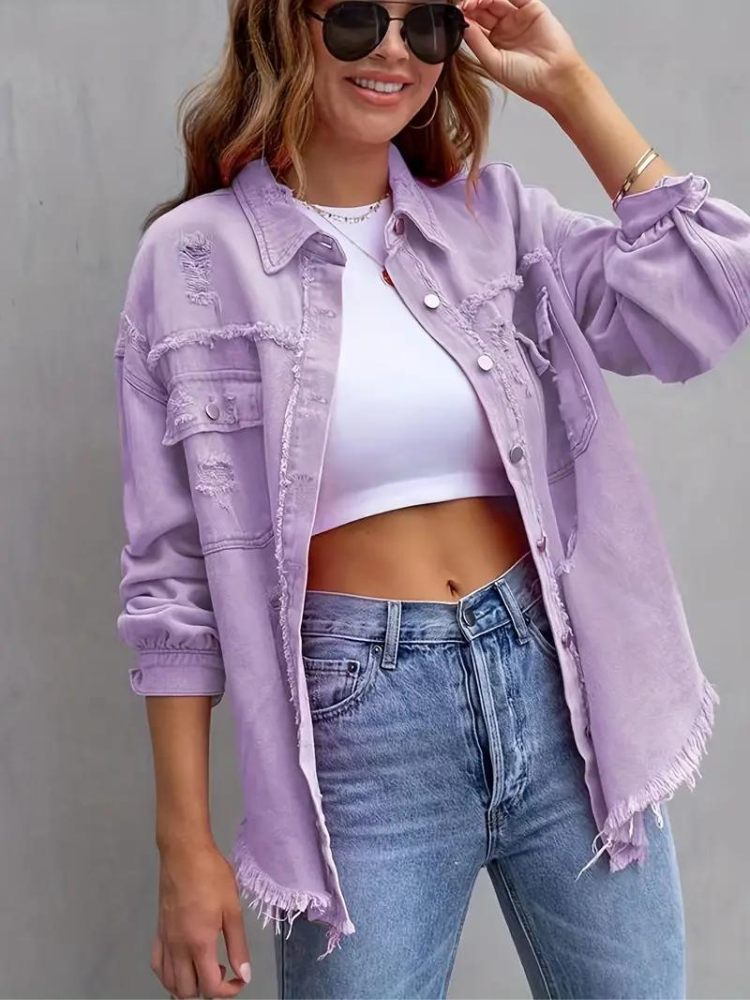 Jeansjacke Für Damen İn Großen Größen Mit Zerrissenen Details