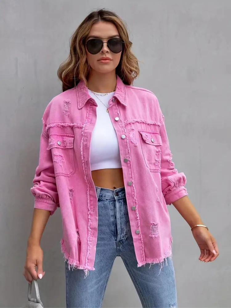 Jeansjacke Für Damen İn Großen Größen Mit Zerrissenen Details