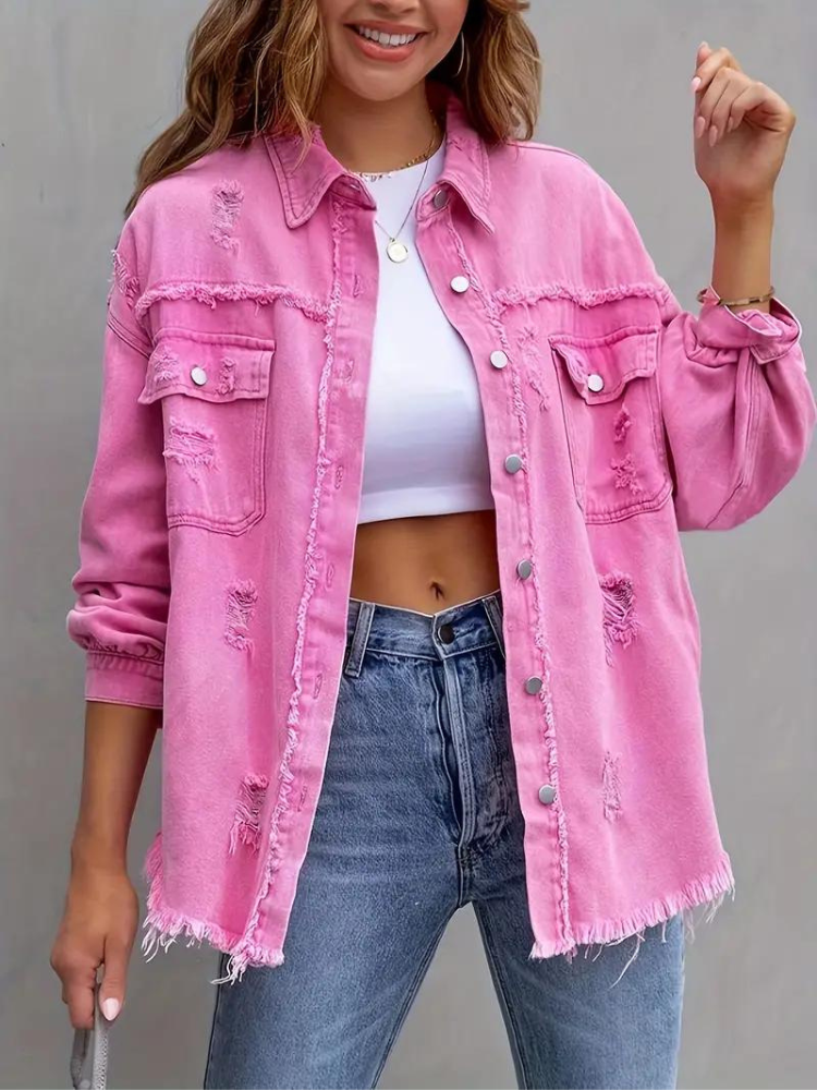 Jeansjacke Für Damen İn Großen Größen Mit Zerrissenen Details