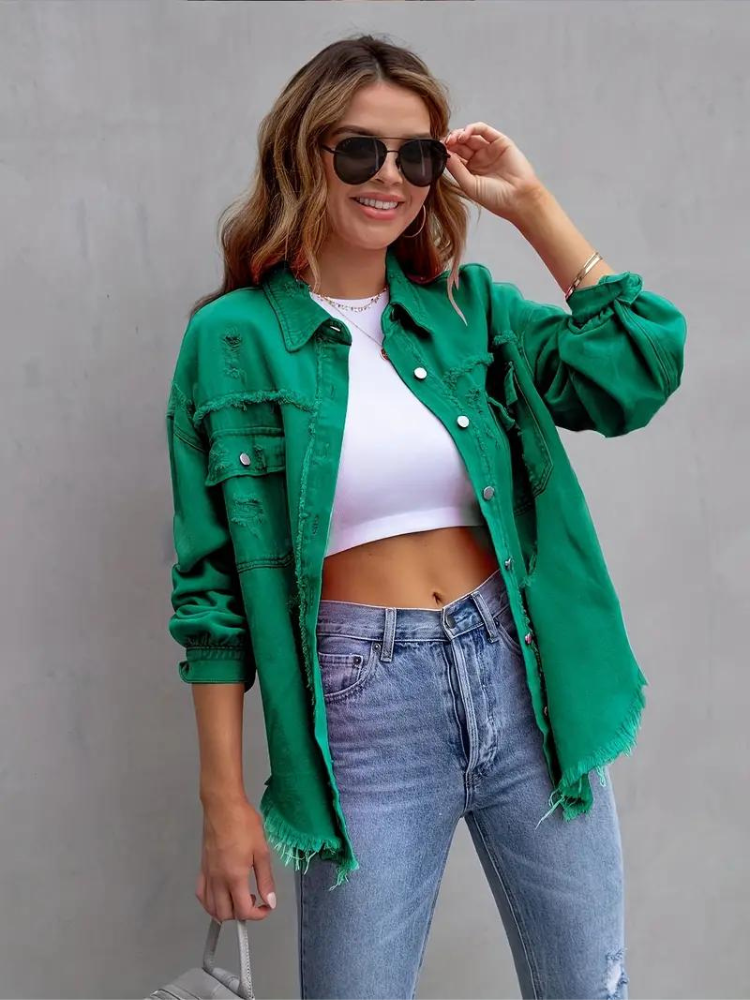 Jeansjacke Für Damen İn Großen Größen Mit Zerrissenen Details