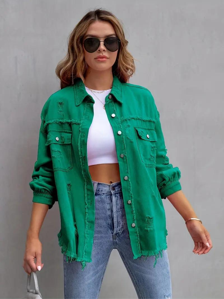 Jeansjacke Für Damen İn Großen Größen Mit Zerrissenen Details