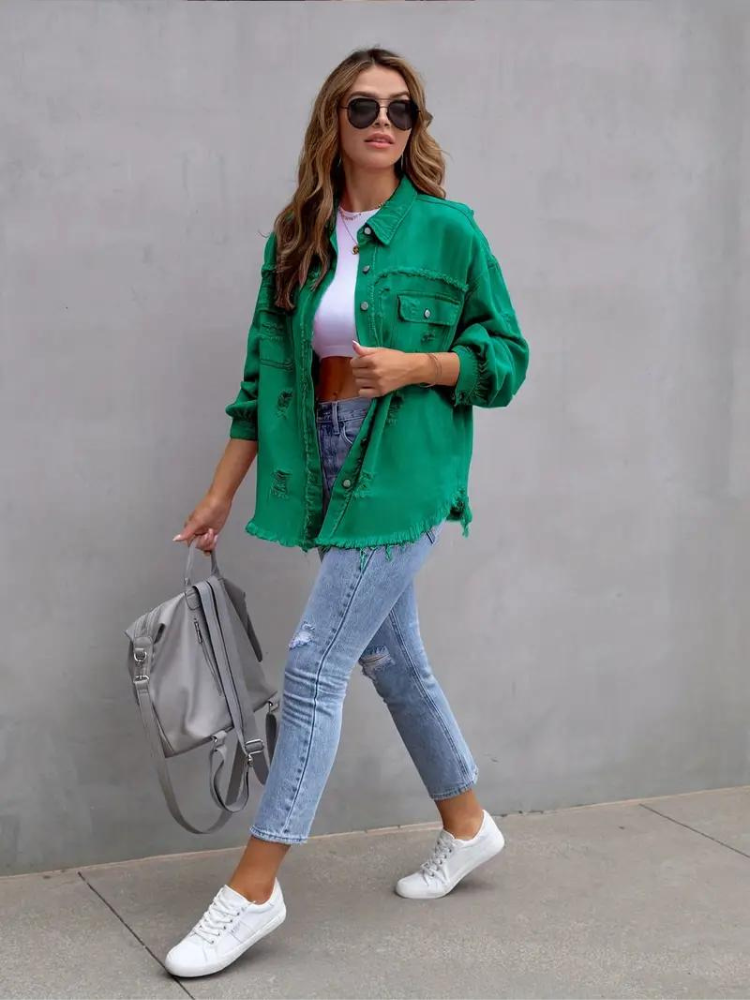 Jeansjacke Für Damen İn Großen Größen Mit Zerrissenen Details