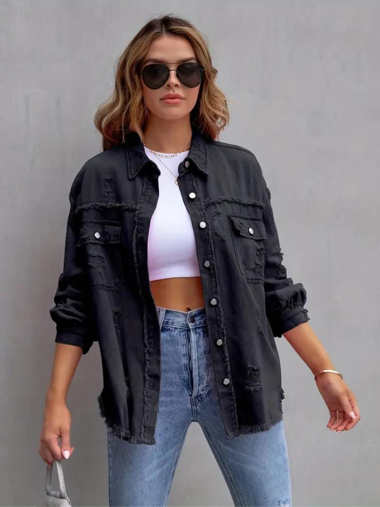 Jeansjacke Für Damen İn Großen Größen Mit Zerrissenen Details