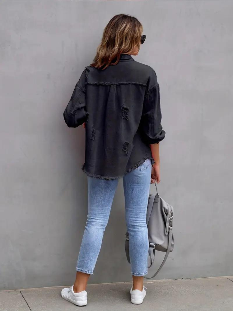 Jeansjacke Für Damen İn Großen Größen Mit Zerrissenen Details