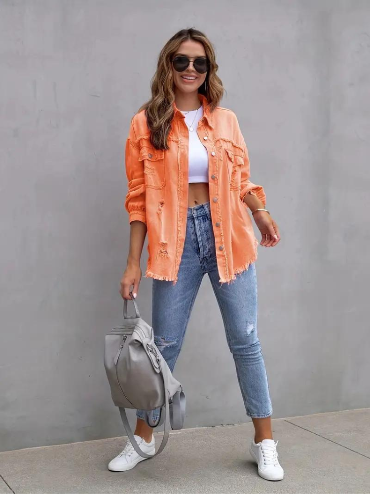 Jeansjacke Für Damen İn Großen Größen Mit Zerrissenen Details
