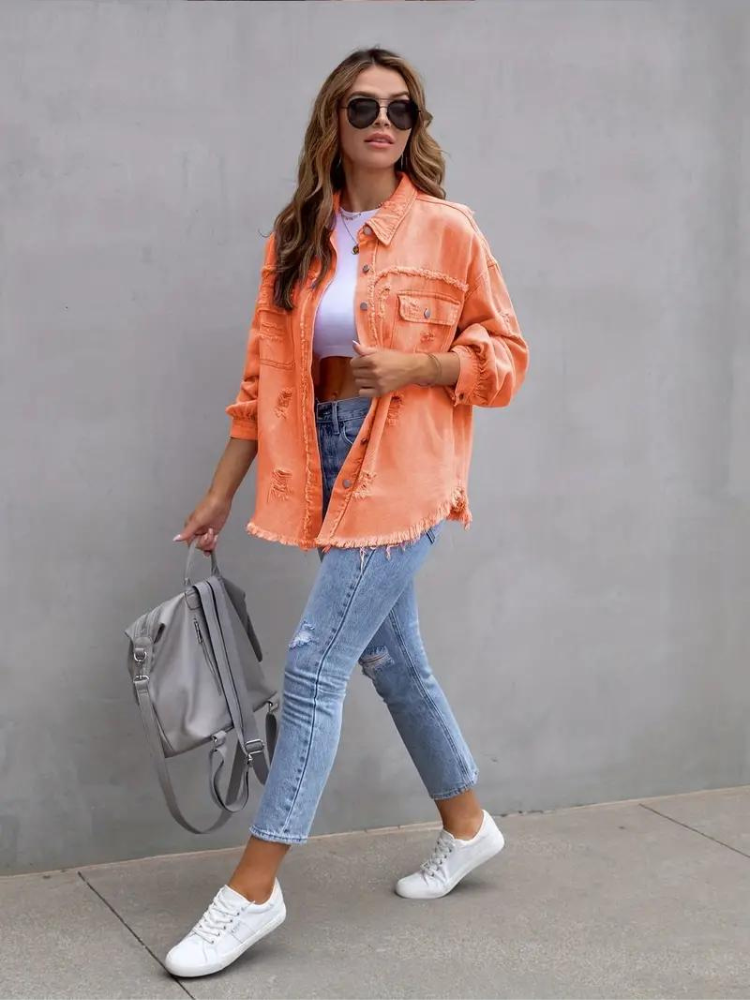 Jeansjacke Für Damen İn Großen Größen Mit Zerrissenen Details
