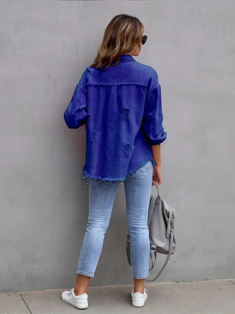 Jeansjacke Für Damen İn Großen Größen Mit Zerrissenen Details