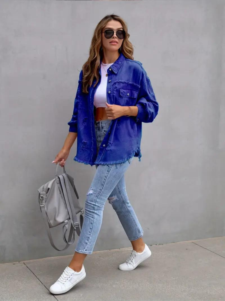 Jeansjacke Für Damen İn Großen Größen Mit Zerrissenen Details