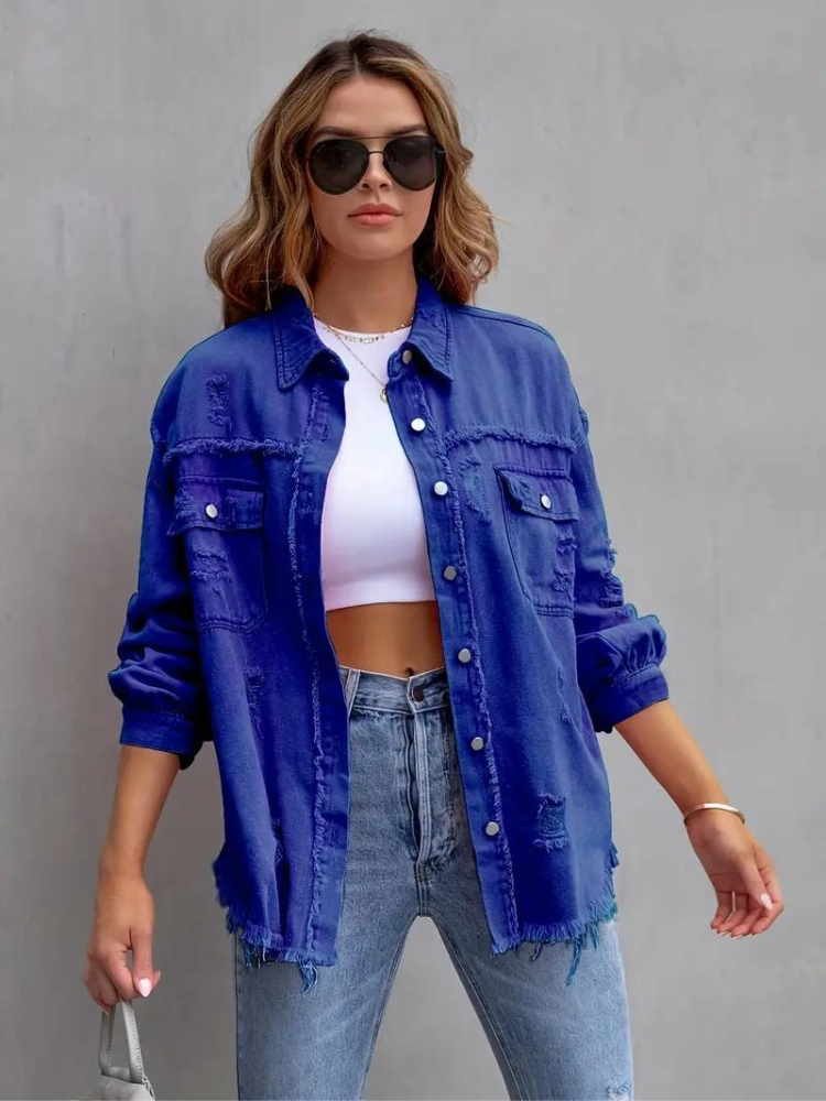 Jeansjacke Für Damen İn Großen Größen Mit Zerrissenen Details