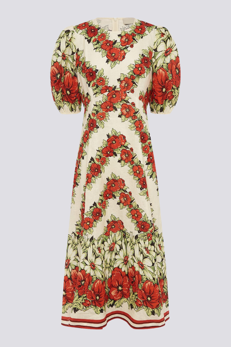 Rotes Maxikleid Mit Blumenmuster Und Rundhalsausschnitt