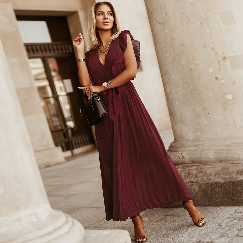Maxikleid Mit Plissierung Und V-Ausschnitt
