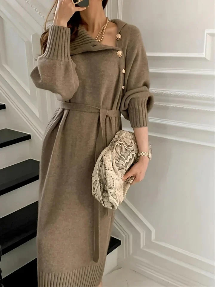 Retro Strickkleid Mit Hohem Kragen, Geknöpfter Taille Und Gürtel