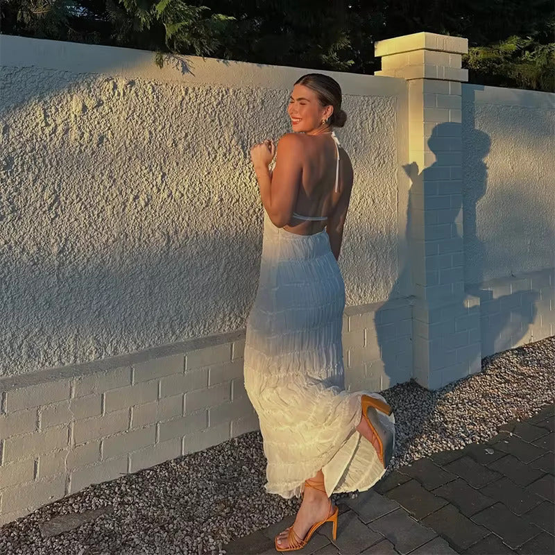 Stilvolles Neckholder-Kleid, Lang, Rückenfrei, Ärmellos, Lässig, Sommer-Strandkleid