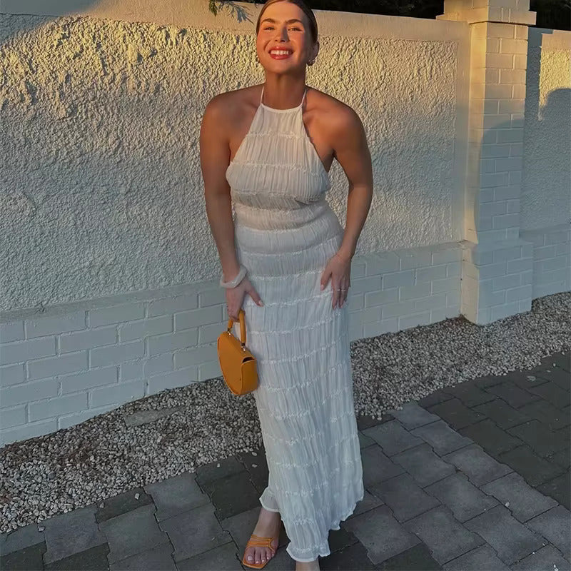Stilvolles Neckholder-Kleid, Lang, Rückenfrei, Ärmellos, Lässig, Sommer-Strandkleid
