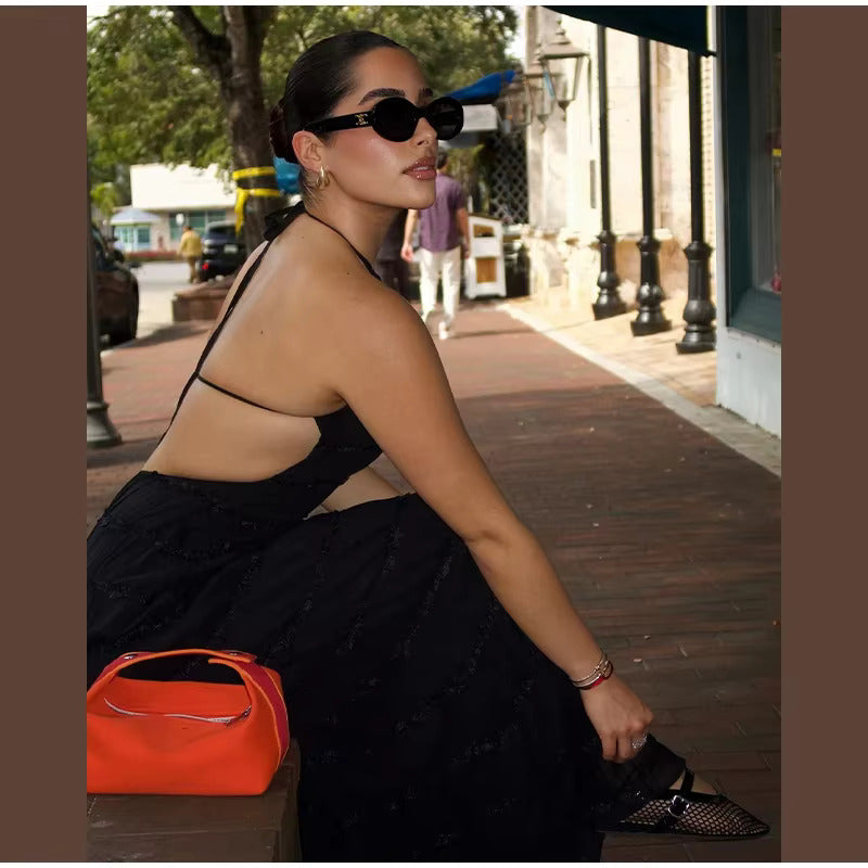 Stilvolles Neckholder-Kleid, Lang, Rückenfrei, Ärmellos, Lässig, Sommer-Strandkleid