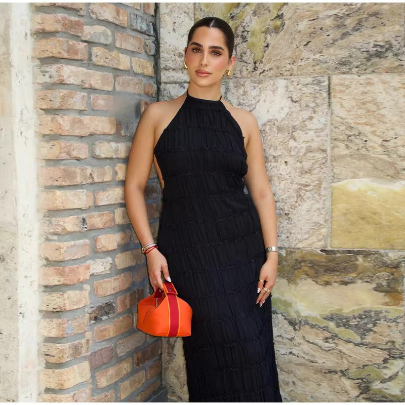 Stilvolles Neckholder-Kleid, Lang, Rückenfrei, Ärmellos, Lässig, Sommer-Strandkleid