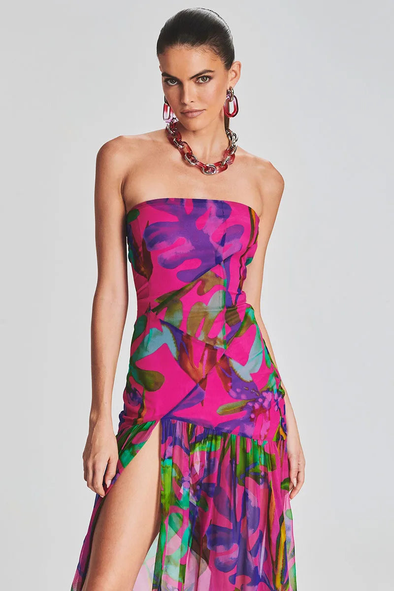 Bedrucktes Trägerloses Maxikleid Mit Schlitz