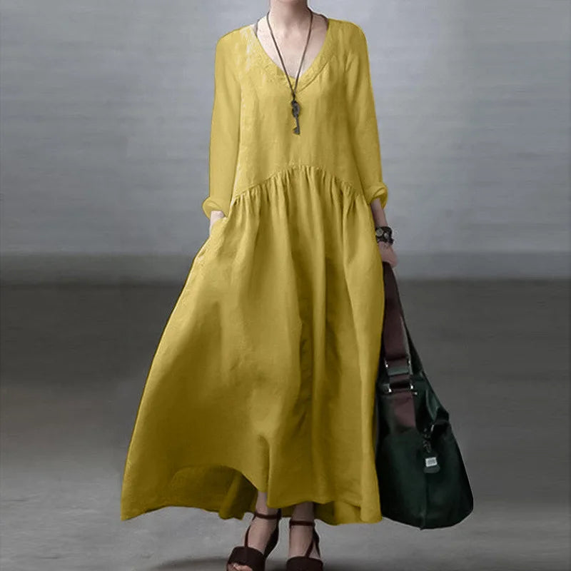 Stilvolles, Einfarbiges, Langes Kleid Aus Baumwolle Und Leinen – Maxikleid Mit V-Ausschnitt Und Langen Ärmeln