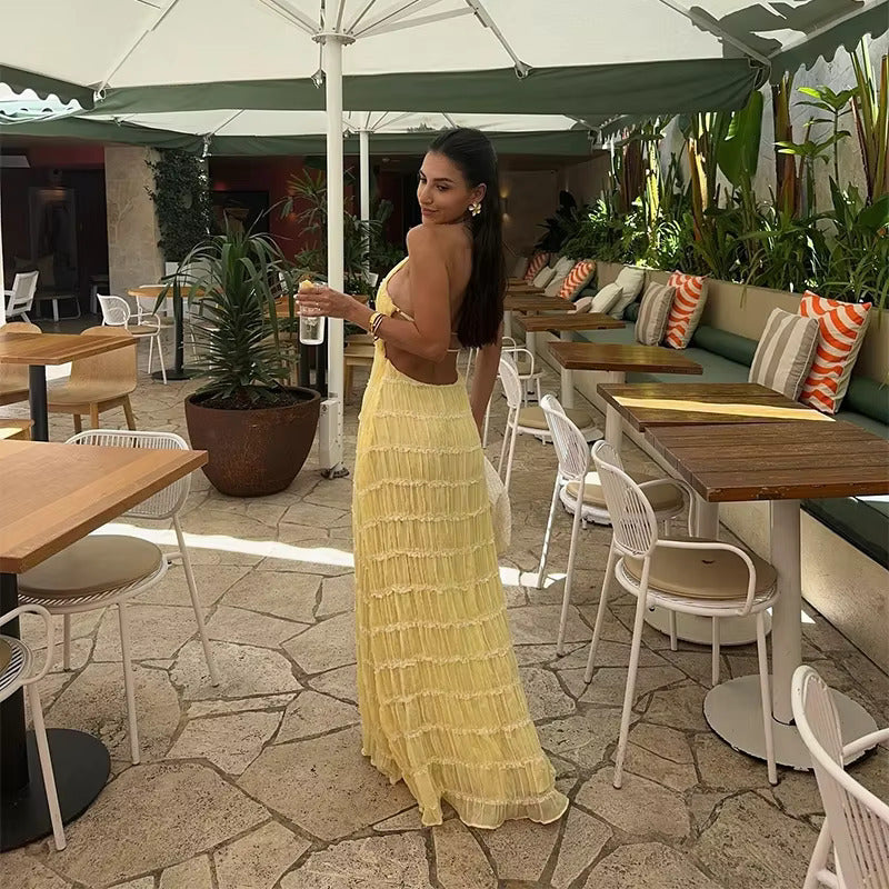 Stilvolles Neckholder-Kleid, Lang, Rückenfrei, Ärmellos, Lässig, Sommer-Strandkleid