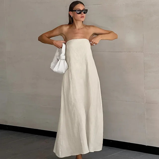 Khakifarbenes A-Linien-Kleid Aus Leinen Mit Taschen