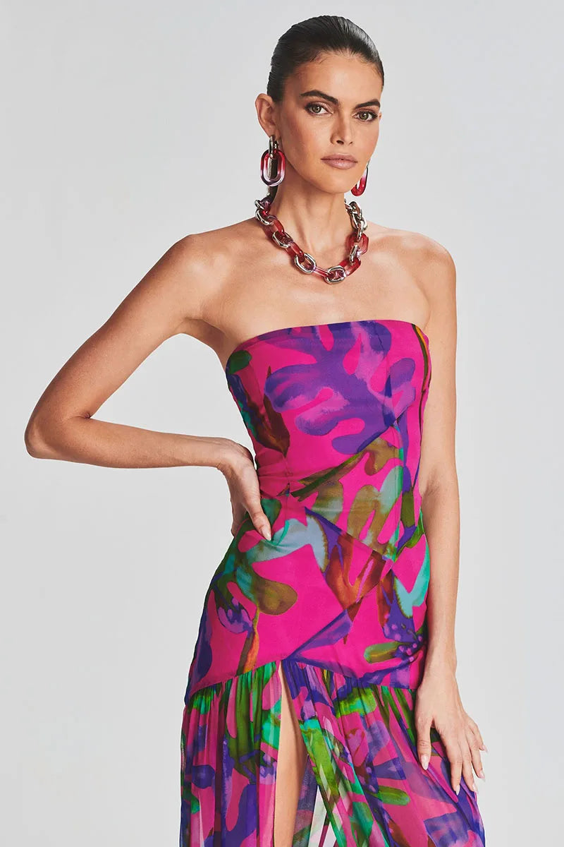 Bedrucktes Trägerloses Maxikleid Mit Schlitz