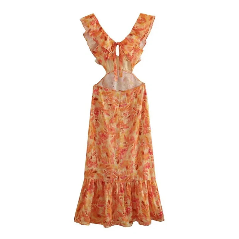 Langes Sommerkleid Mit Tiefem V-Ausschnitt Und Rüschen