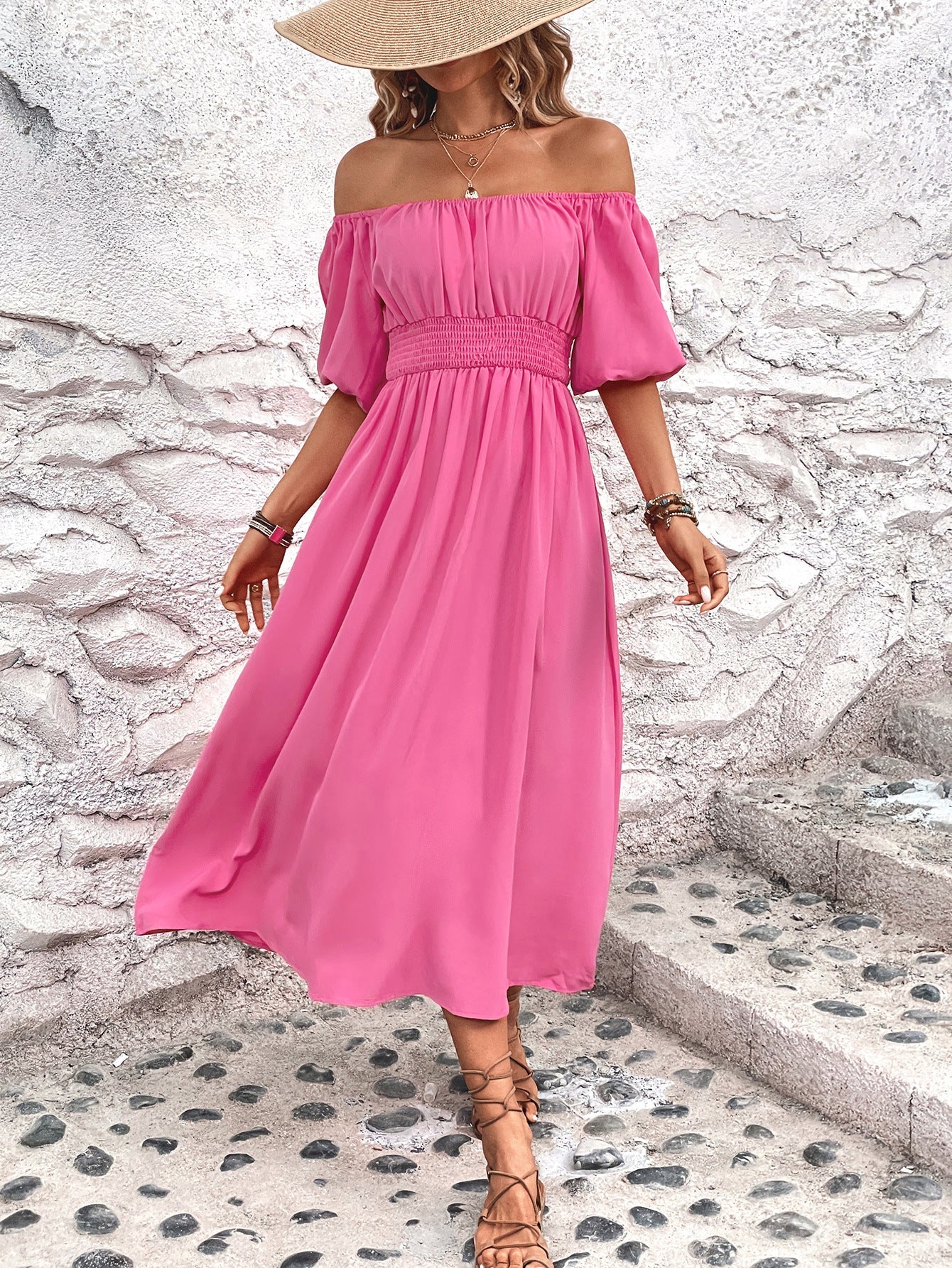 Schulterfreies Rosa Maxikleid