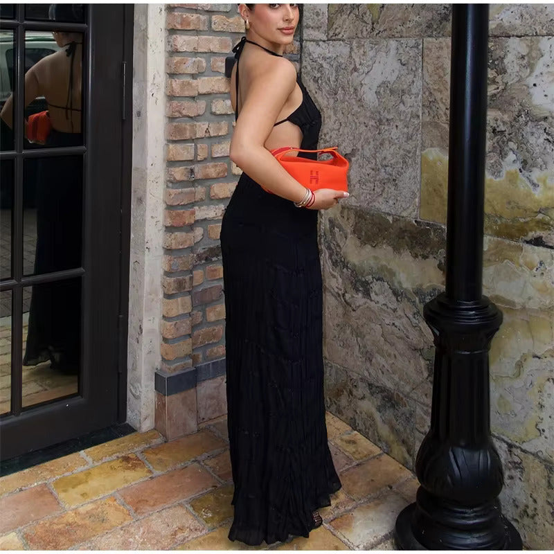 Stilvolles Neckholder-Kleid, Lang, Rückenfrei, Ärmellos, Lässig, Sommer-Strandkleid
