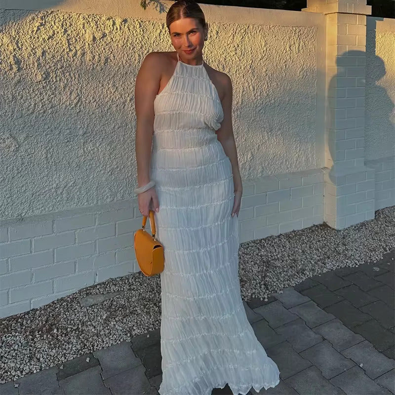Stilvolles Neckholder-Kleid, Lang, Rückenfrei, Ärmellos, Lässig, Sommer-Strandkleid