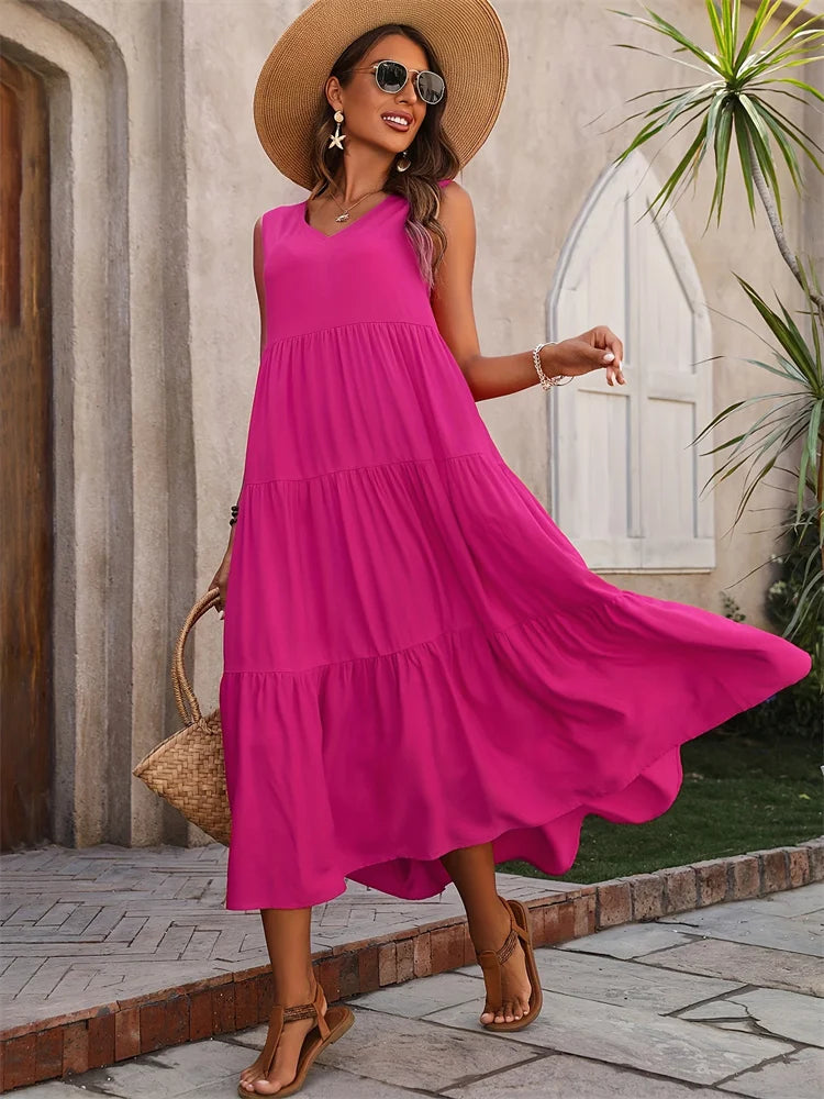 Langes Kleid Mit V-Ausschnitt Und Lockerem Schnitt Und Rüschen