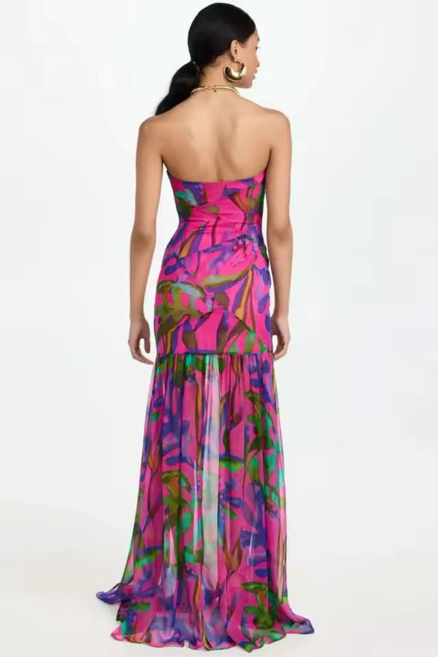 Bedrucktes Trägerloses Maxikleid Mit Schlitz